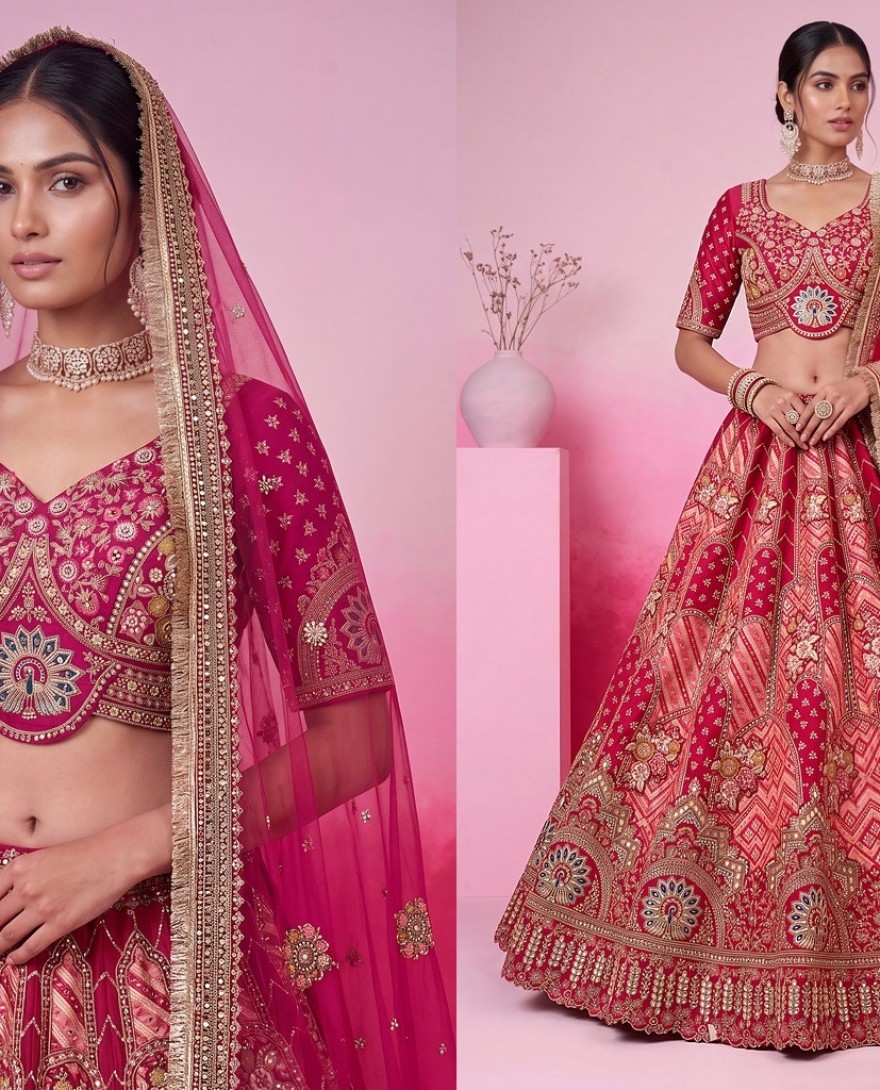 3068 - Rani Pink Silk Bridal Lehenga Choli With Gota Patti